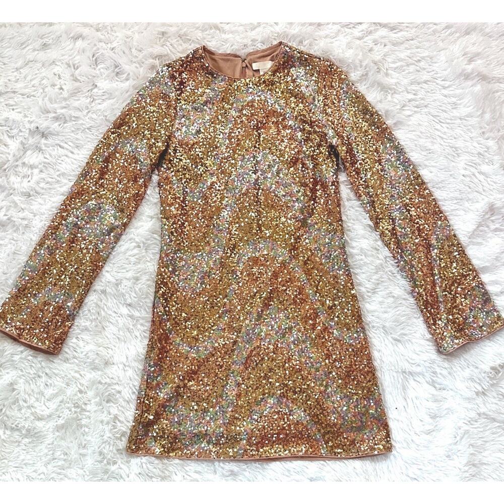 H&M Sequin Dress Mini Bodycon Sz XS Long Sleeve Festive Party Rose Pink Lined - Picture 8 of 9